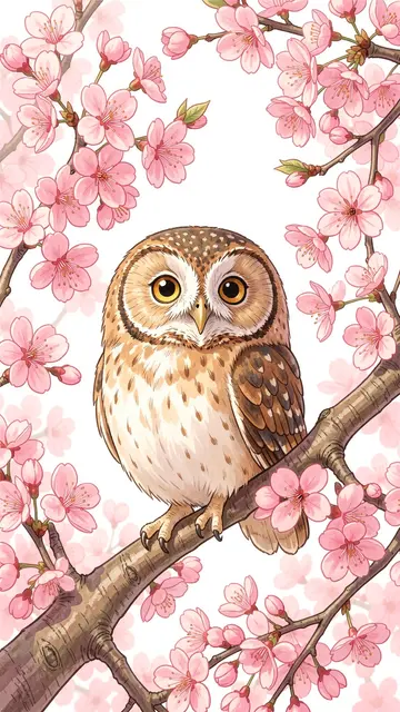 Cute round little owl sits perched on a cherry branch surrounded by soft pink cherry blossoms