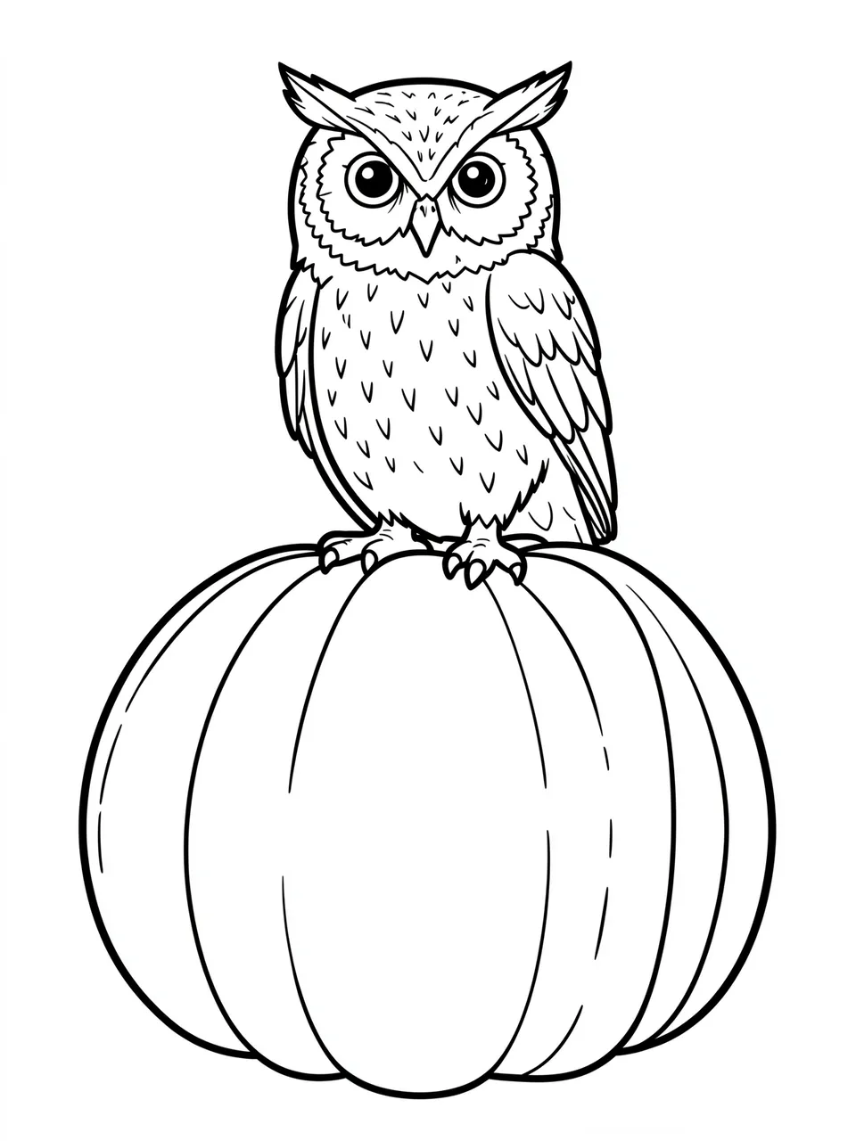 Black and white bold line art of an owl perched on a plain segmented pumpkin against a white background