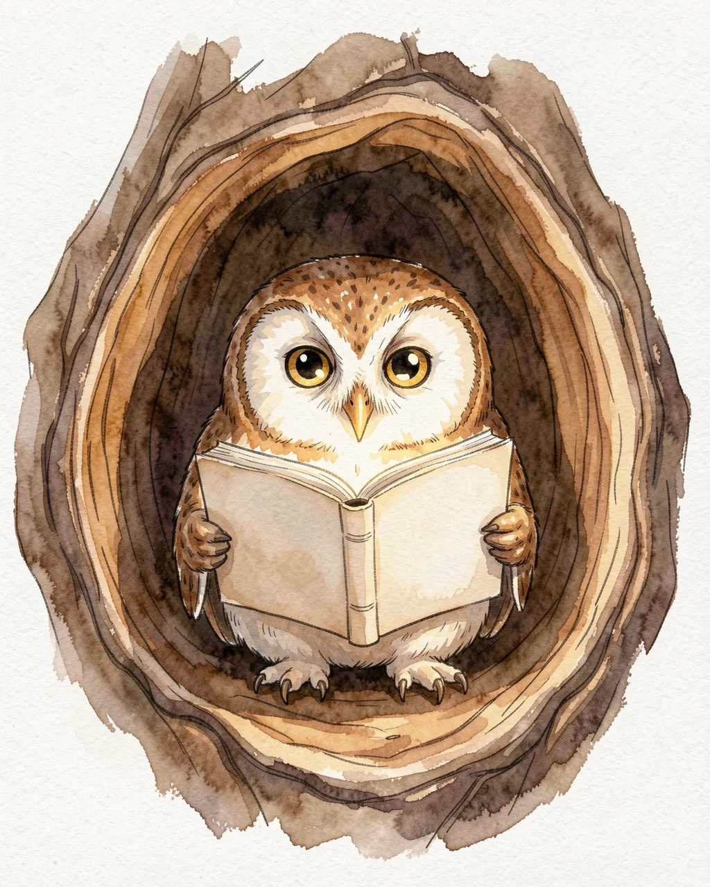 A soft watercolor barn owl holds an open blank book while sitting inside an oak tree hollow