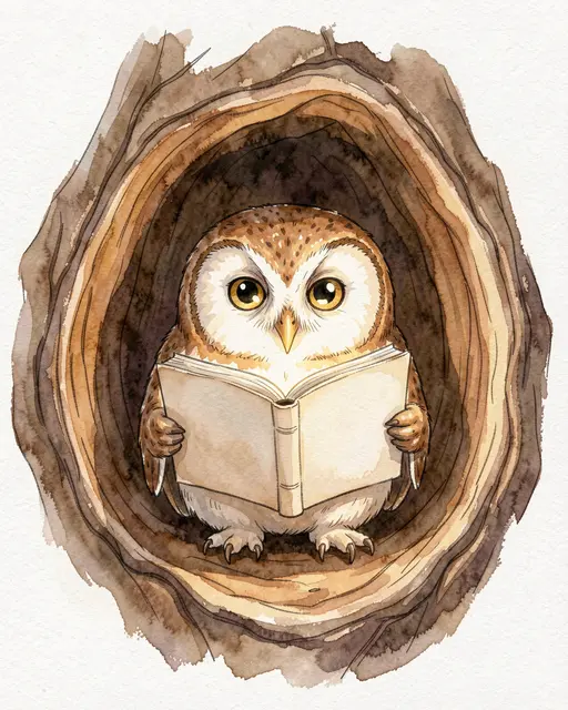 A soft watercolor barn owl holds an open blank book while sitting inside an oak tree hollow