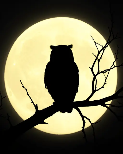 Black silhouette of an owl perched on a bare branch in front of a large pale yellow full moon at night