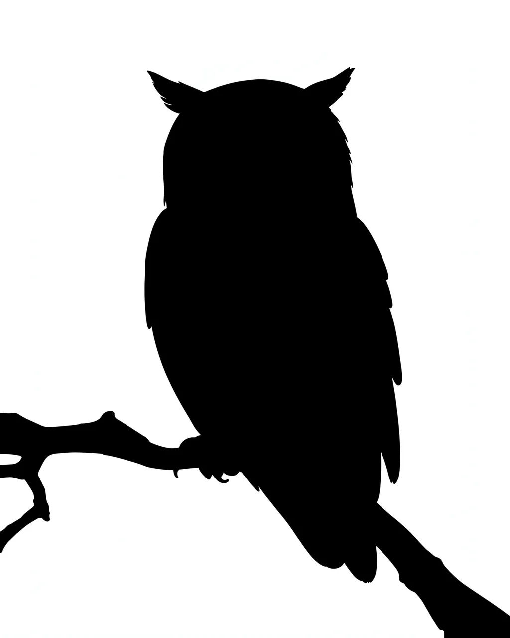 Solid black owl silhouette perched on a branch against a plain white background