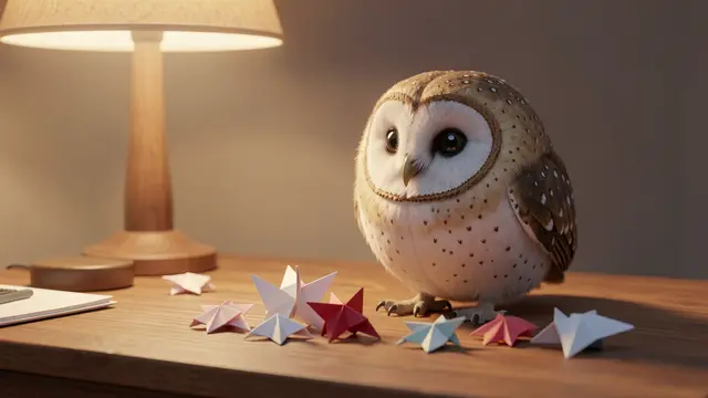 A round soft barn owl sits on a wooden desk surrounded by origami stars under warm lamplight.