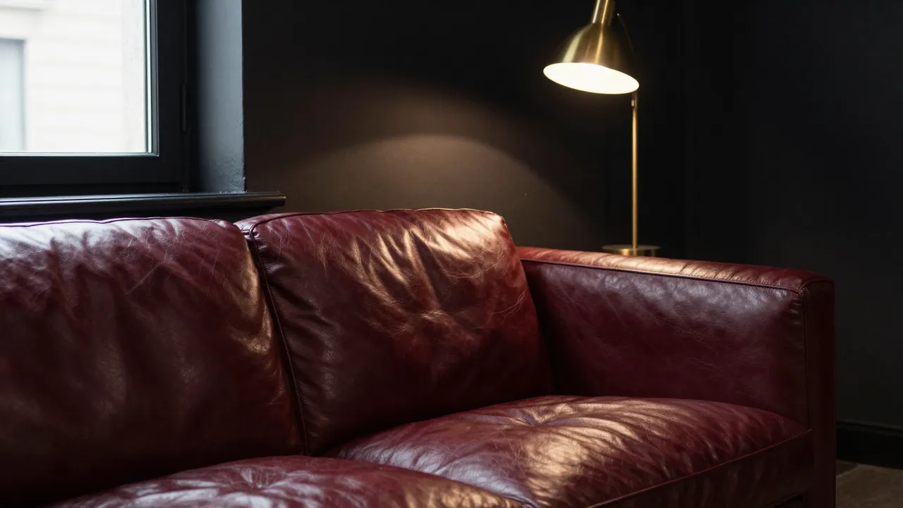 A dark oxblood leather sofa sits beside a glowing brass floor lamp next to a black framed window in a moody dark room.