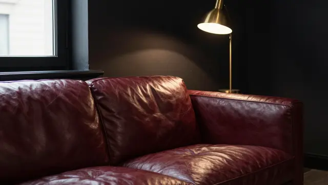 A dark oxblood leather sofa sits beside a glowing brass floor lamp next to a black framed window in a moody dark room.
