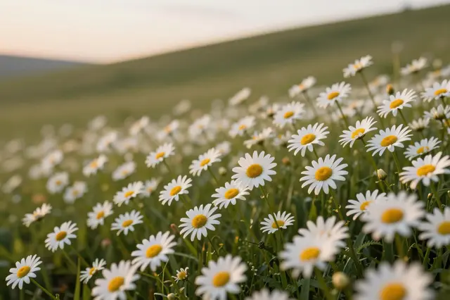 White oxeye daisies bloom across a grassy hillside under soft warm sunset light