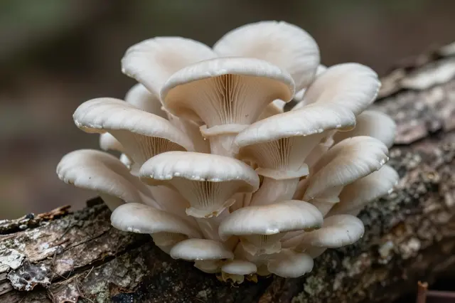 A dense cluster of pale oyster mushrooms growing from a mossy fallen tree log in the forest