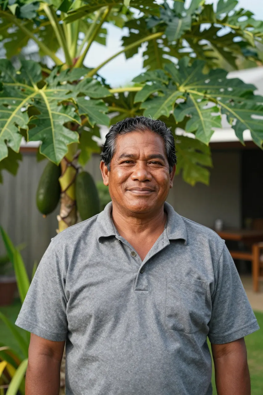 Smiling middle-aged Pacific Islander man stands in a backyard beside a leafy fruiting tree in warm afternoon light