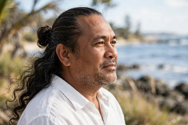 Three-quarter portrait of a middle aged Pacific Islander man with a low man bun standing at a sunny rocky seaside