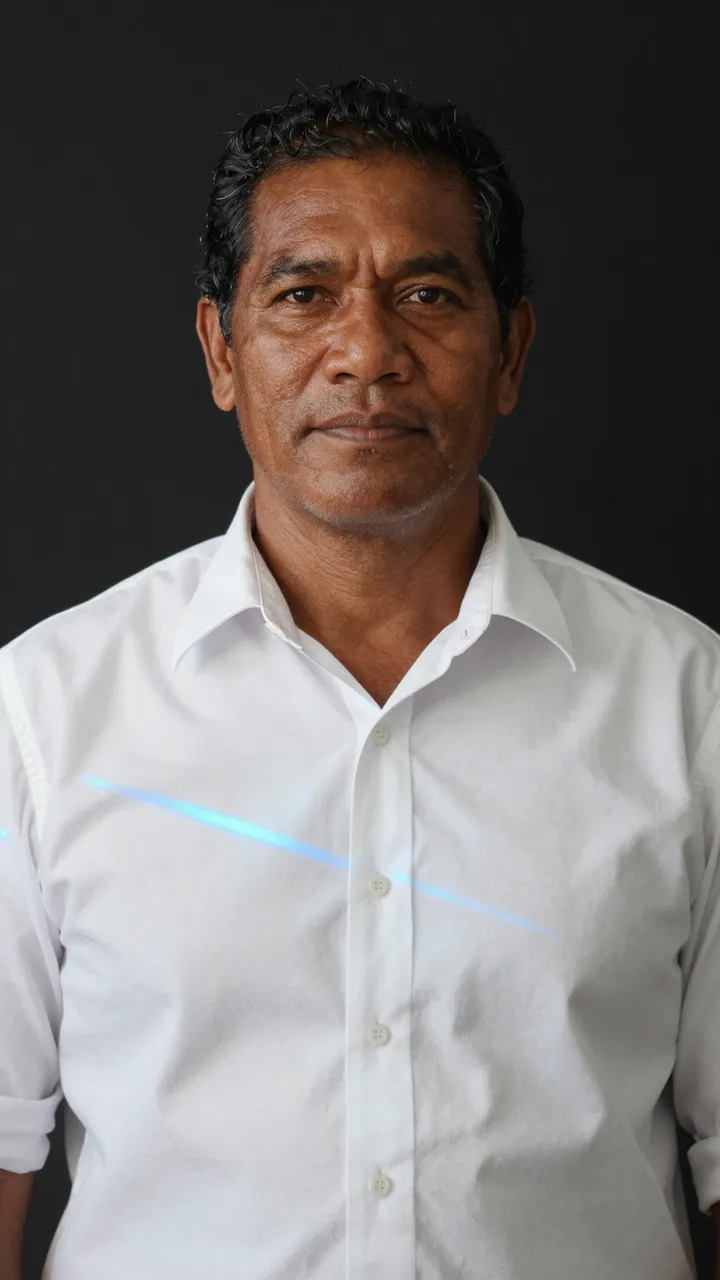 A middle aged Pacific Islander man in a white shirt with a blue projected light line against a dark background