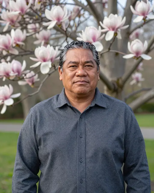 Middle aged Pacific Islander man stands beneath blossoming magnolia tree branches in a park