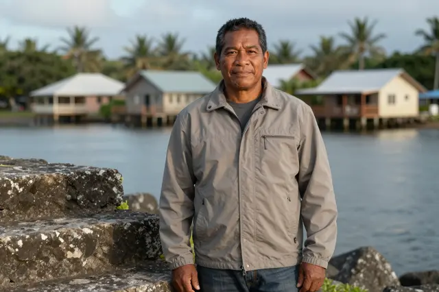 Middle-aged Pacific Islander man stands on stone steps at a tropical village waterfront at dawn