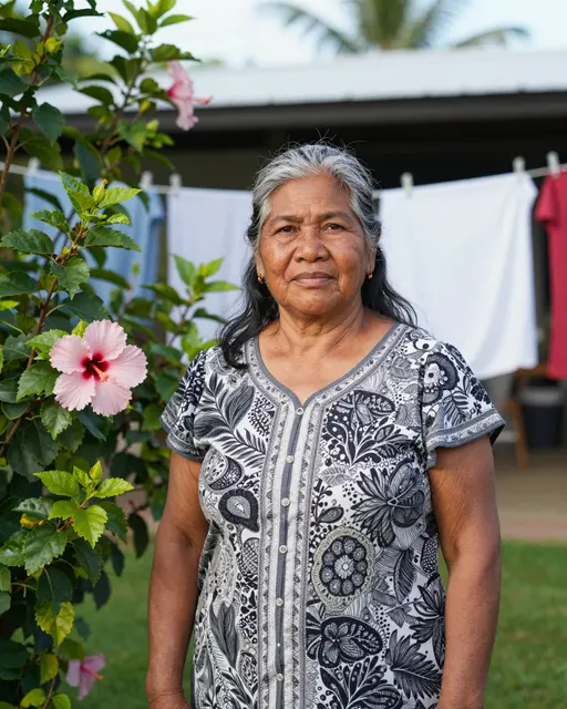 Senior Pacific Islander woman stands in a sunny backyard next to a hibiscus bush with a clothesline behind her