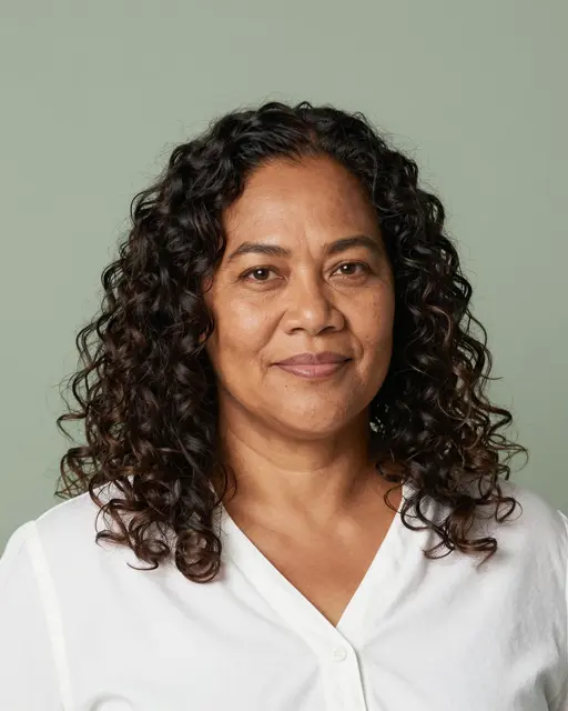 Soft studio headshot of a forties Pacific Islander woman with curly hair against a sage green backdrop