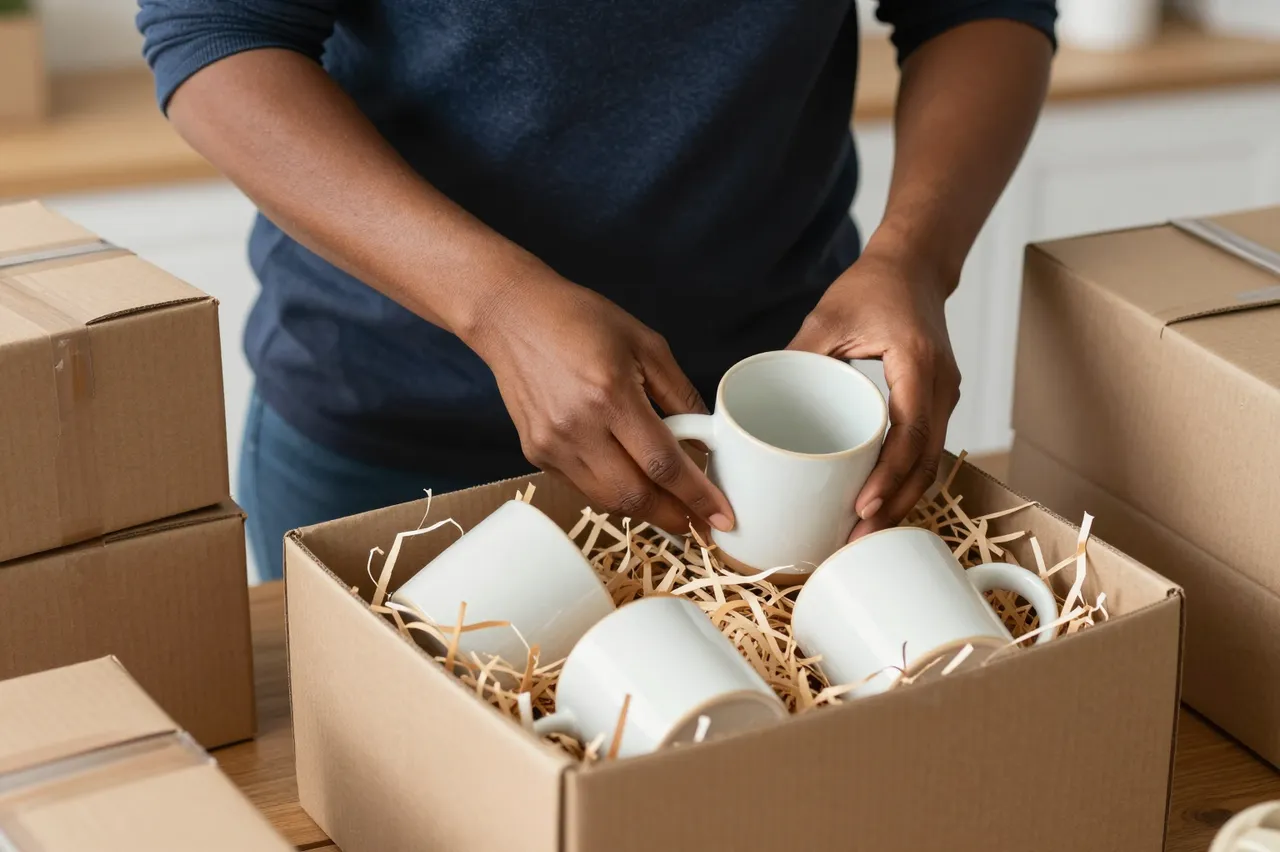 A small business owner places a handmade ceramic mug into a shipping box filled with shredded packing paper.