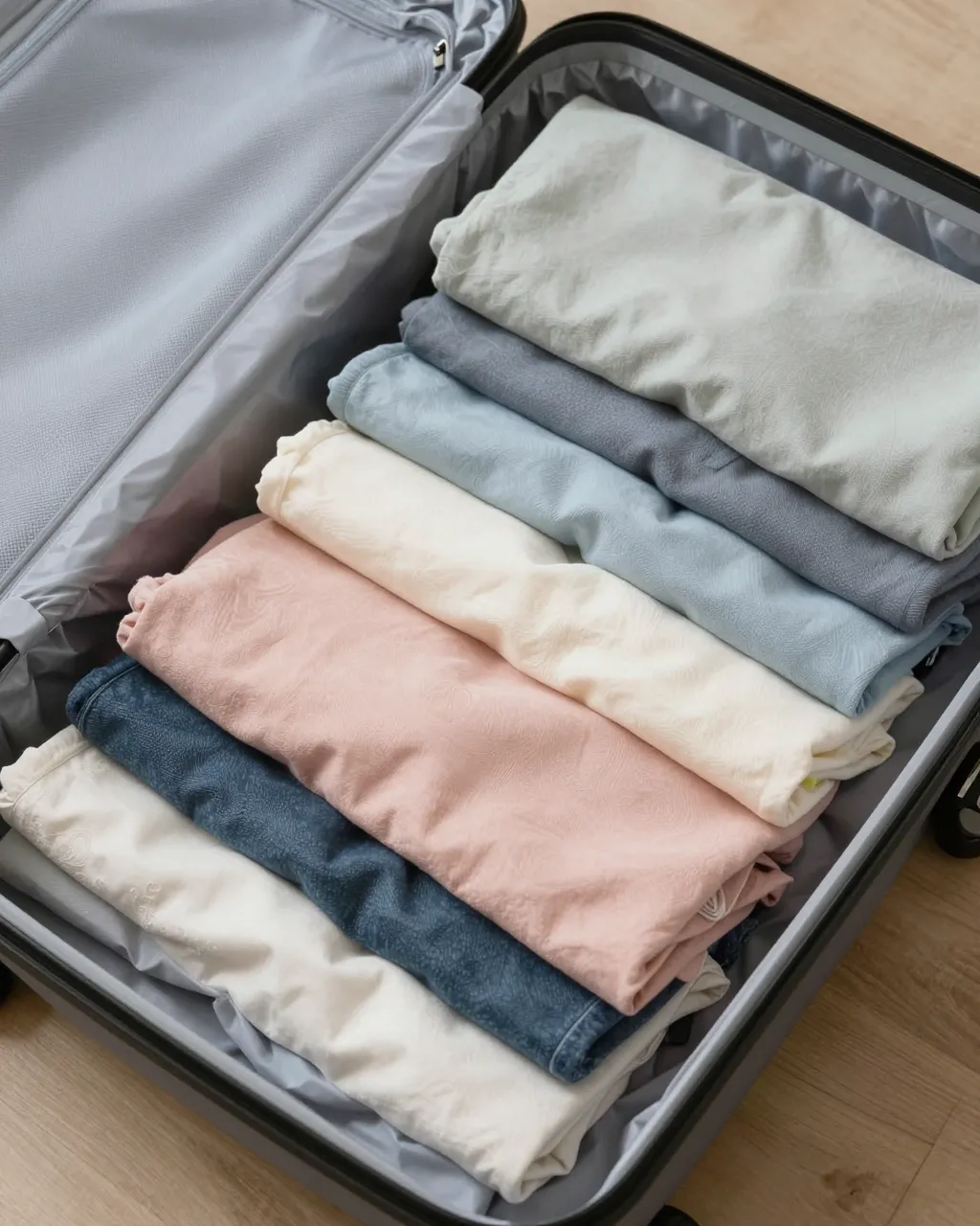 Neatly folded soft colored clothes are stacked inside an open hard-shell suitcase on a wooden floor.
