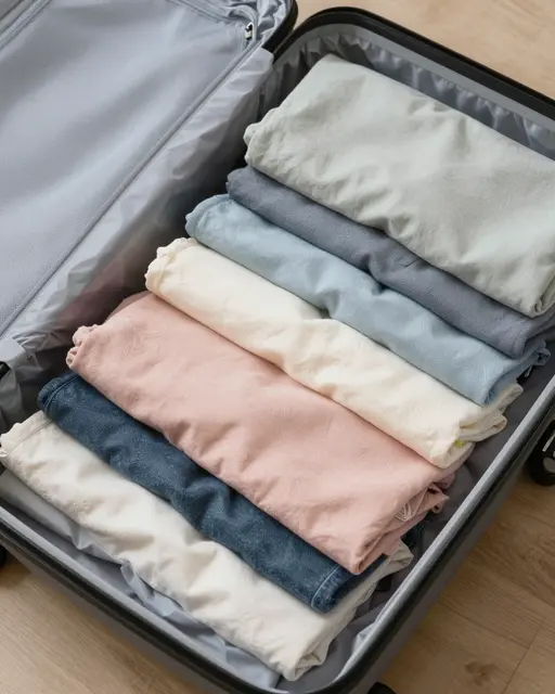 Neatly folded soft colored clothes are stacked inside an open hard-shell suitcase on a wooden floor.
