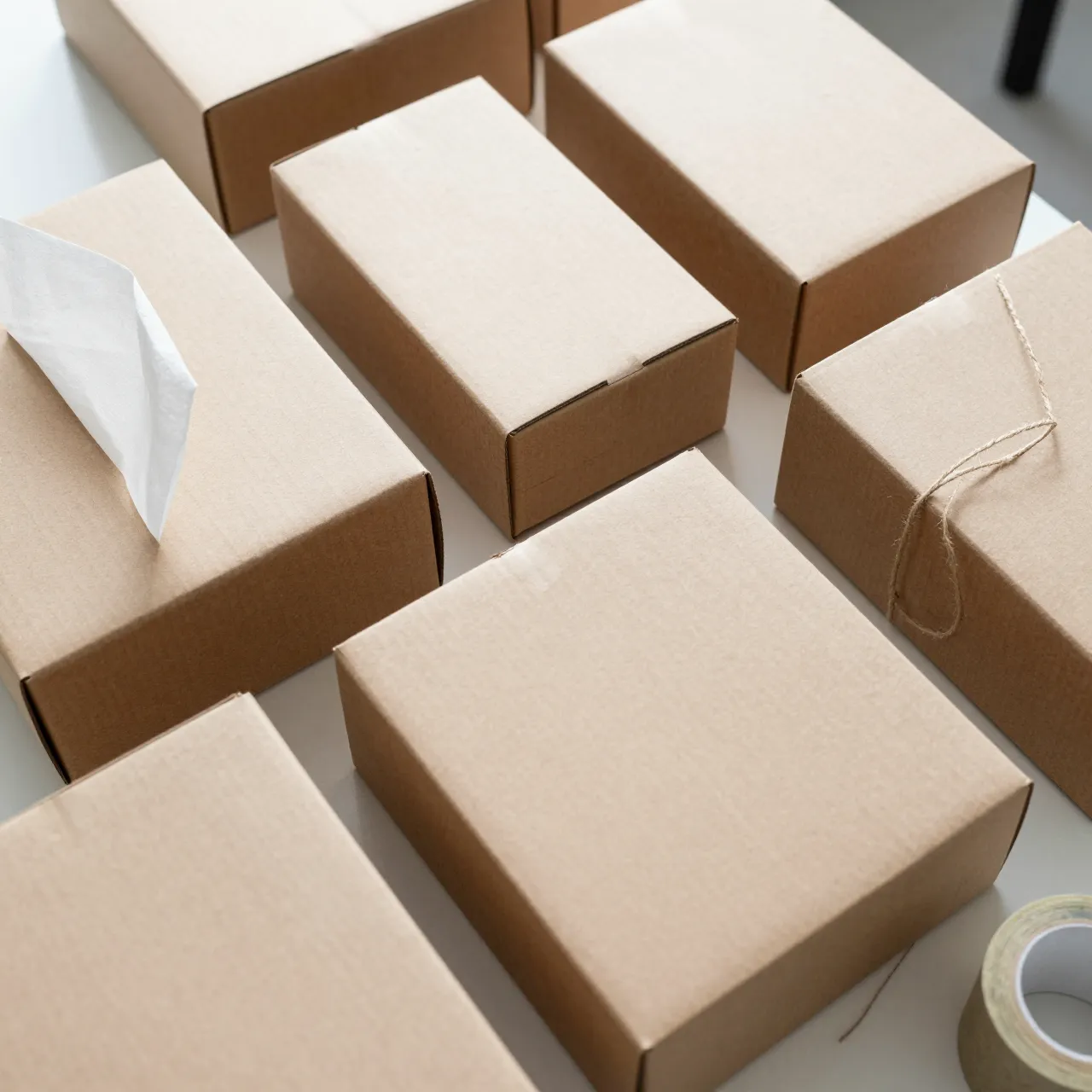 Top-down view of plain brown kraft shipping boxes arranged on a light work table with packing supplies.