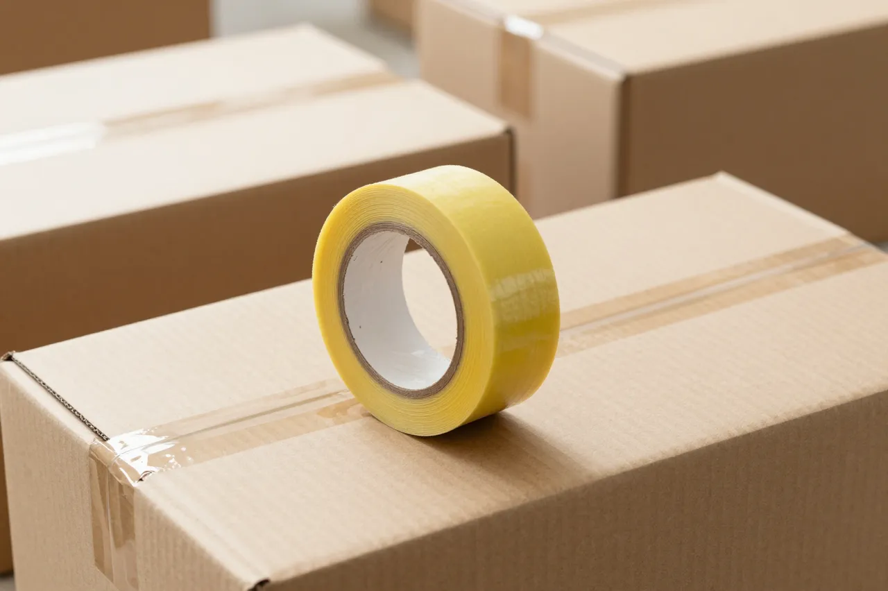 A roll of yellow packing tape sits on sealed cardboard shipping boxes ready for dispatch