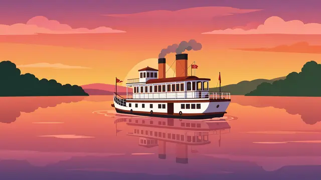 A vintage paddle steamer floats on a calm wide river under a colorful sunset sky with mirrored reflections.