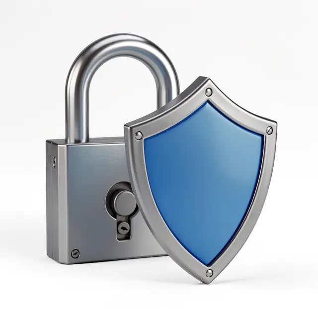 3D rendered silver padlock and blue silver-trimmed shield against a plain white background