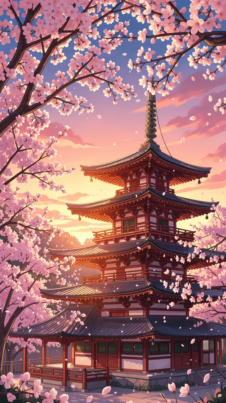 Traditional Japanese pagoda framed by pink cherry blossom branches beneath a warm gradient dusk sky