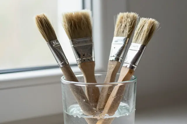 Worn used paint brushes standing in a clear glass of water next to a bright window