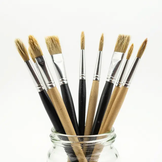 Assorted paint bristles in a clear glass jar against a plain white studio background