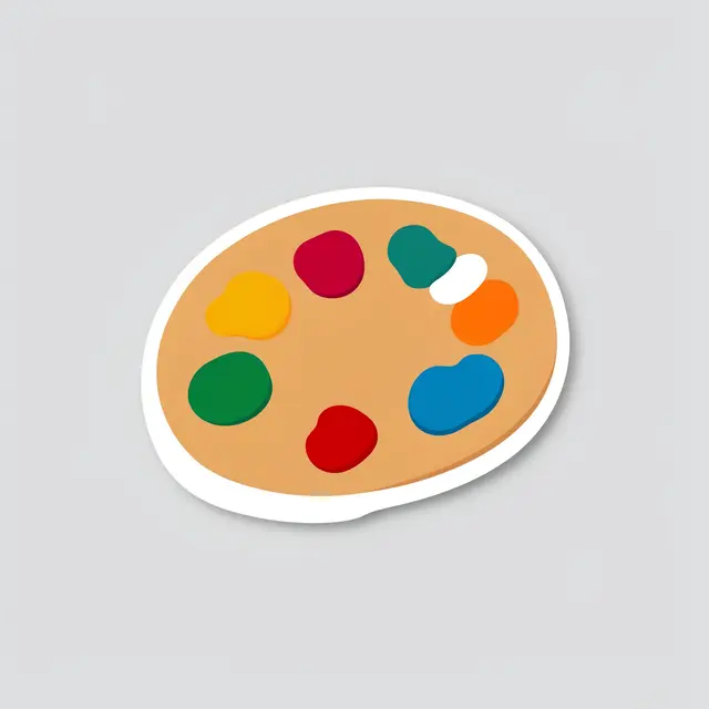 A flat cute die-cut sticker of a wooden paint palette with colorful paint blobs on a light gray background