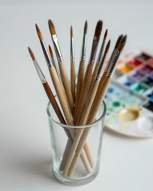 Wood-handled paintbrushes stand upright in a clear glass next to a blurred watercolor palette on a light surface
