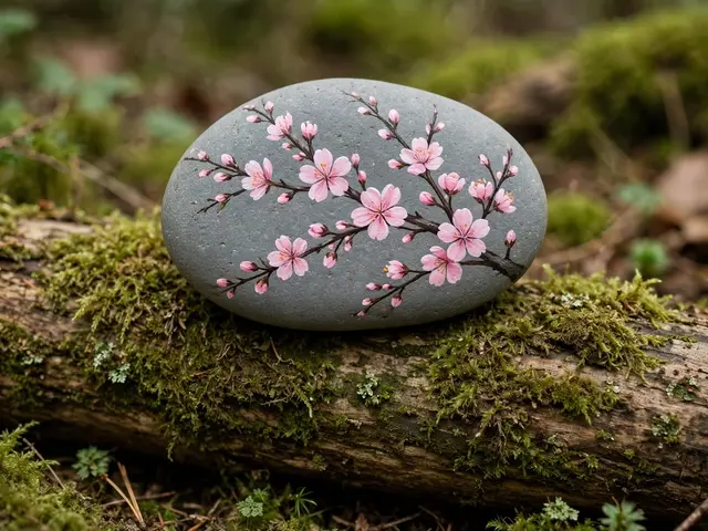 A smooth gray stone painted with pink cherry blossom branches rests on a moss-covered forest log