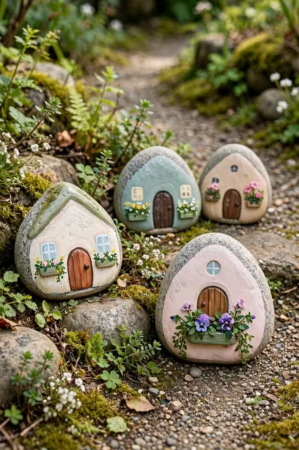 Hand-painted stone cottage decorations rest along a pebbled garden path surrounded by moss and small wildflowers.