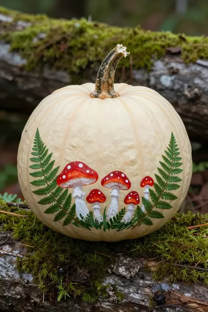 Hand-painted cream pumpkin with fly agaric mushrooms and ferns rests on a mossy log in a forest setting