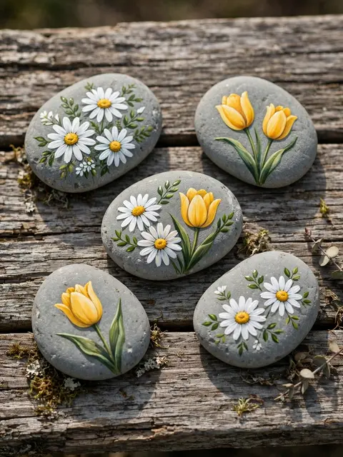 Gray stones hand painted with daisies and tulips rest on a weathered wooden table