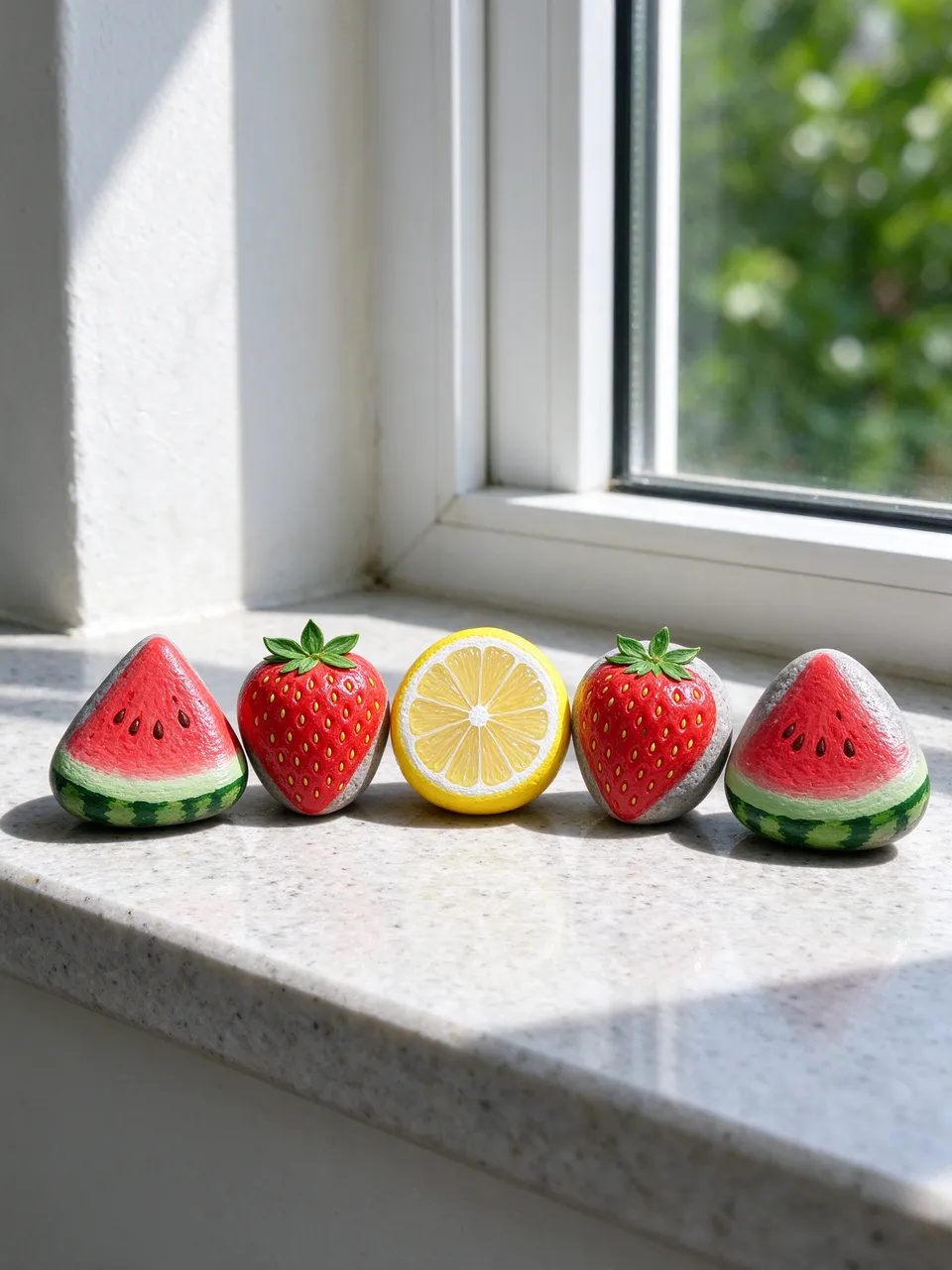 Hand-painted pebbles shaped as fruit sit lined up on a sunlit kitchen windowsill.