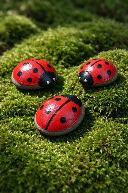 Three smooth pebbles painted as red ladybugs rest on lush green moss in natural sunlight
