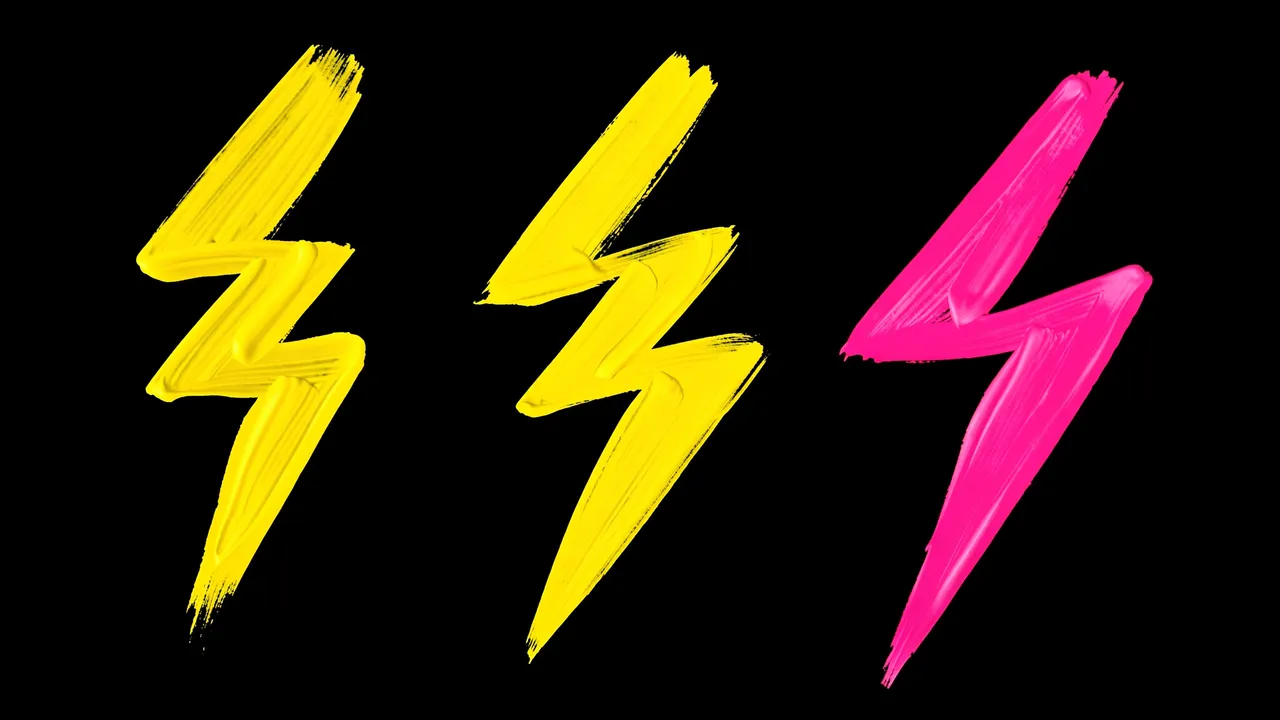 Three thick brush-painted lightning bolts, two yellow and one hot pink, arranged on a solid black background