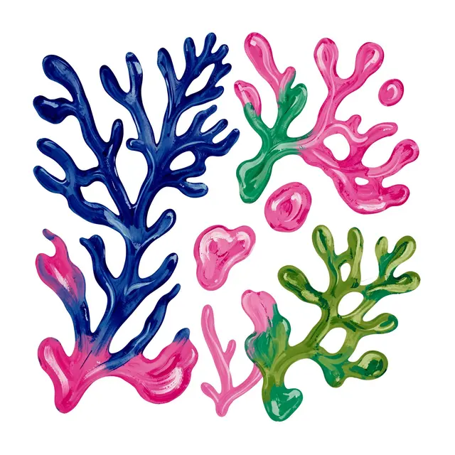 Hand-painted seaweed-like fronds and blobs in cobalt blue, pink, and green arranged on a plain white background