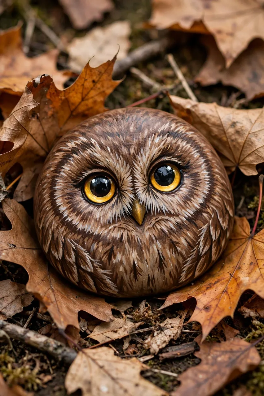 A smooth hand-painted owl rock with golden eyes rests nestled among dry autumn maple leaves on a forest floor.