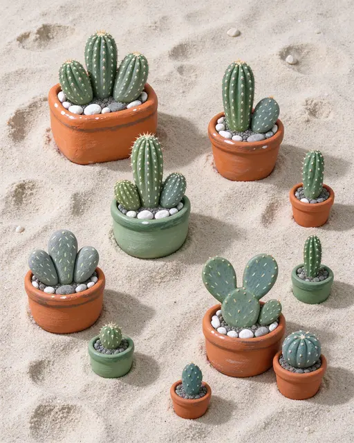Hand-painted pebble cactus in tiny terracotta and green pots arranged on pale sand