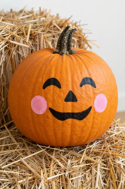 An orange pumpkin with a hand-painted sleepy smile and pink cheeks rests on straw next to a hay bale