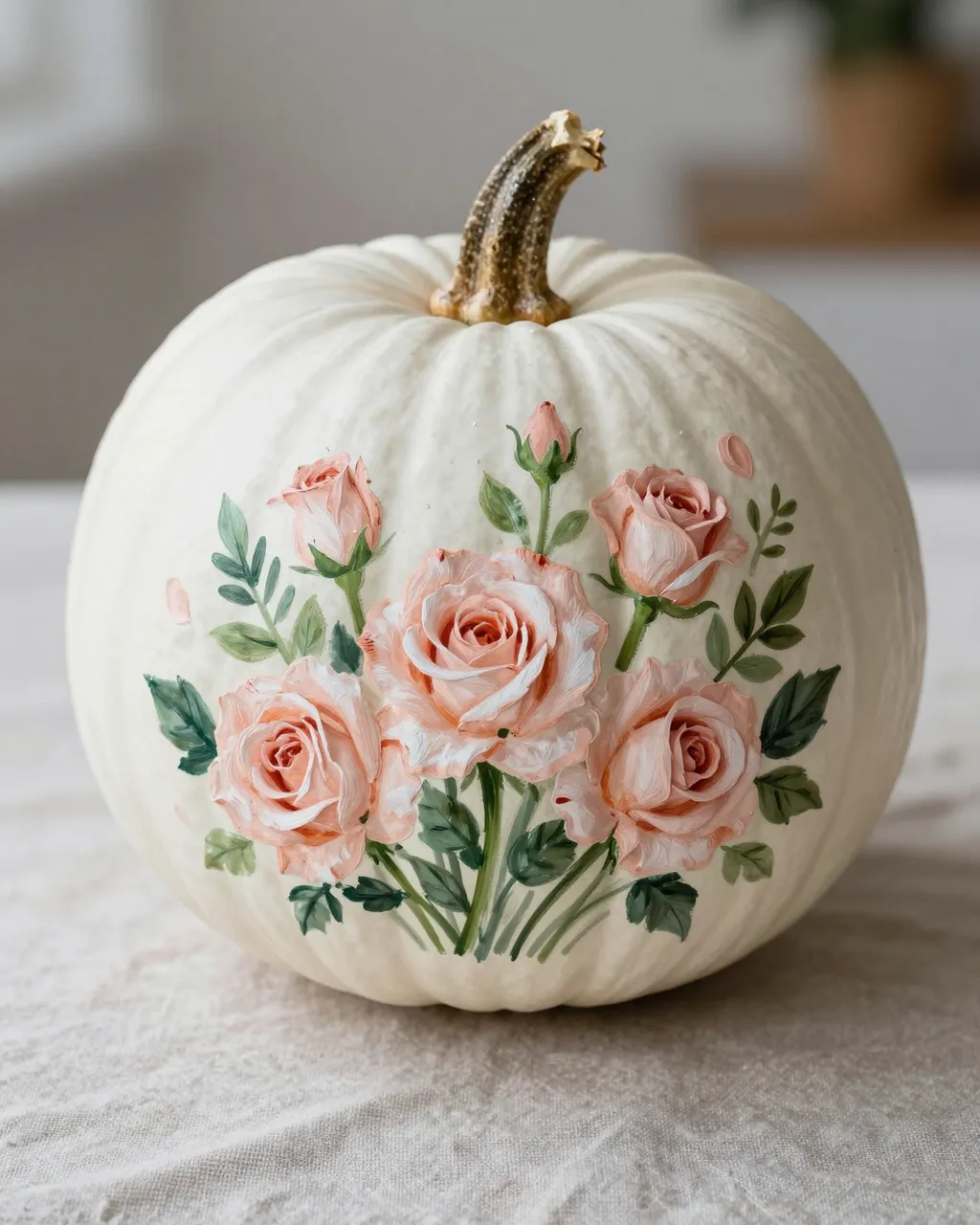 White pumpkin decorated with hand-painted blush roses rests on a linen tablecloth in soft daylight.