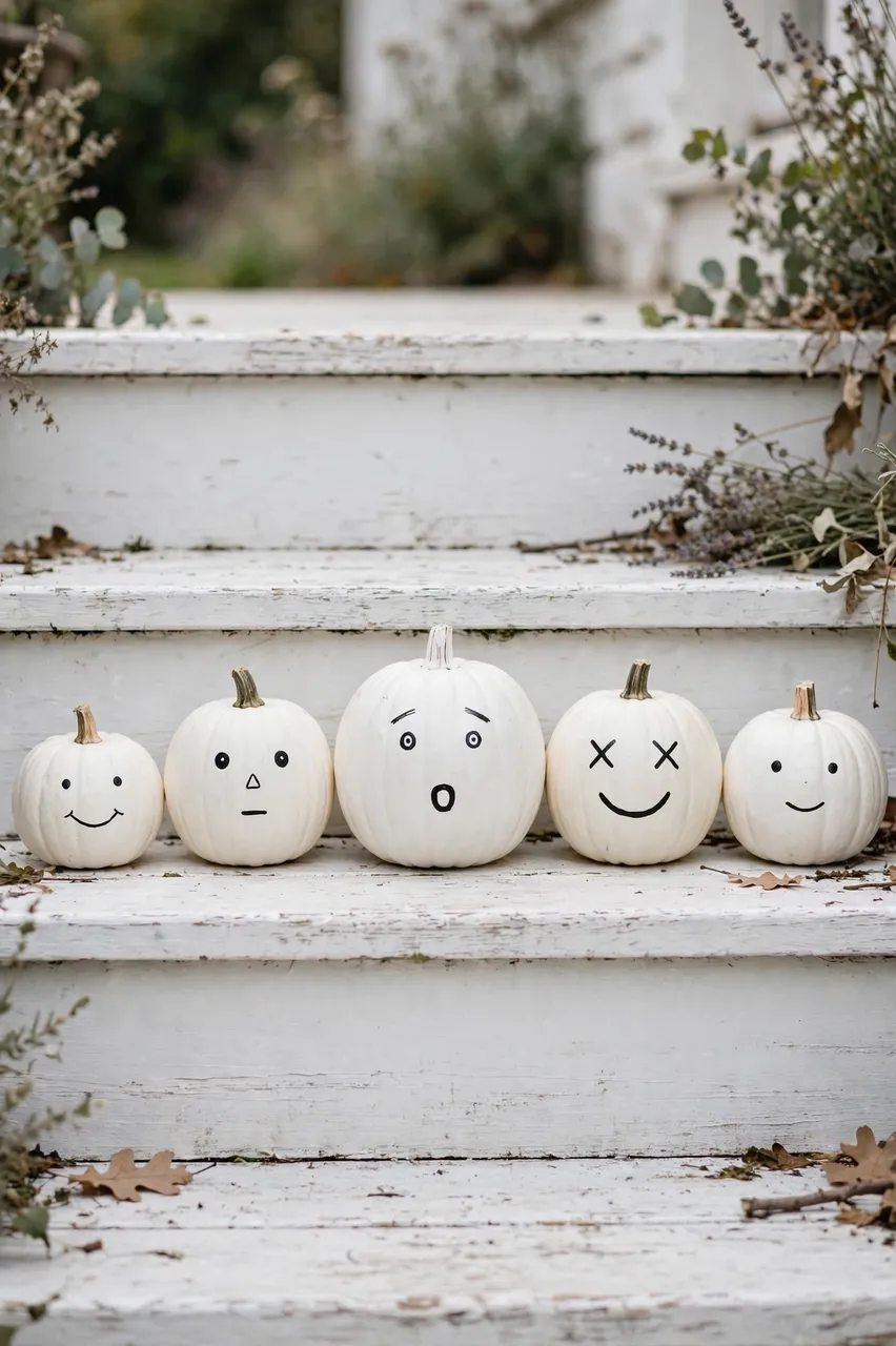Five white pumpkins with hand drawn black line faces are lined up on weathered whitewashed wooden steps