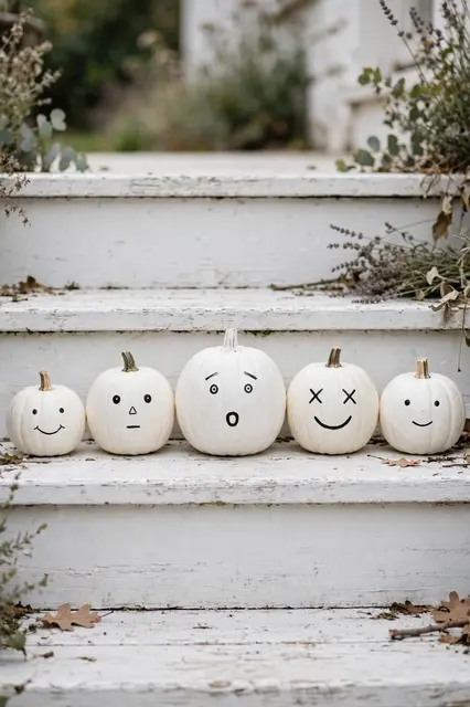 Five white pumpkins with hand drawn black line faces are lined up on weathered whitewashed wooden steps
