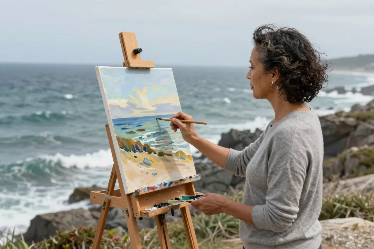 A side view of a middle-aged mixed-race woman painting a seascape at an easel on a windy coastal clifftop.