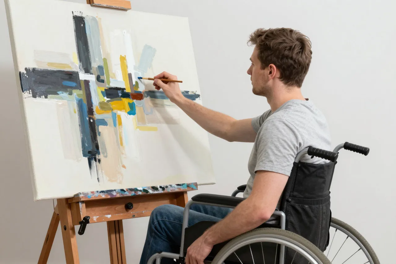 Side view of a male painter in a wheelchair adding details to an abstract canvas on an easel
