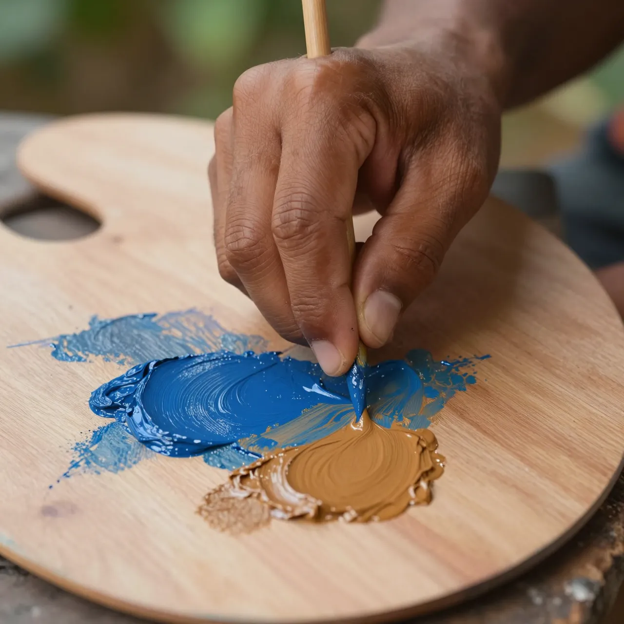 Close-up of a painter's hand blending blue and ochre oil paint on a wooden palette with a brush