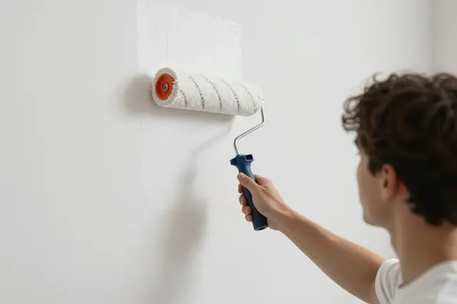 A decorator uses a paint roller to apply fresh white paint to an interior wall.