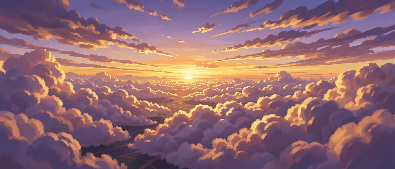 A vast painterly cloudscape glows with gold and violet hues during a vivid sunset above a sea of clouds.