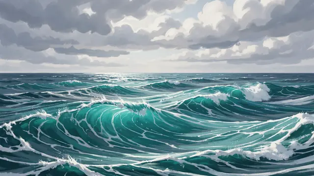 Rolling turquoise ocean waves stretch beneath a layered cloudy sky in a painterly style